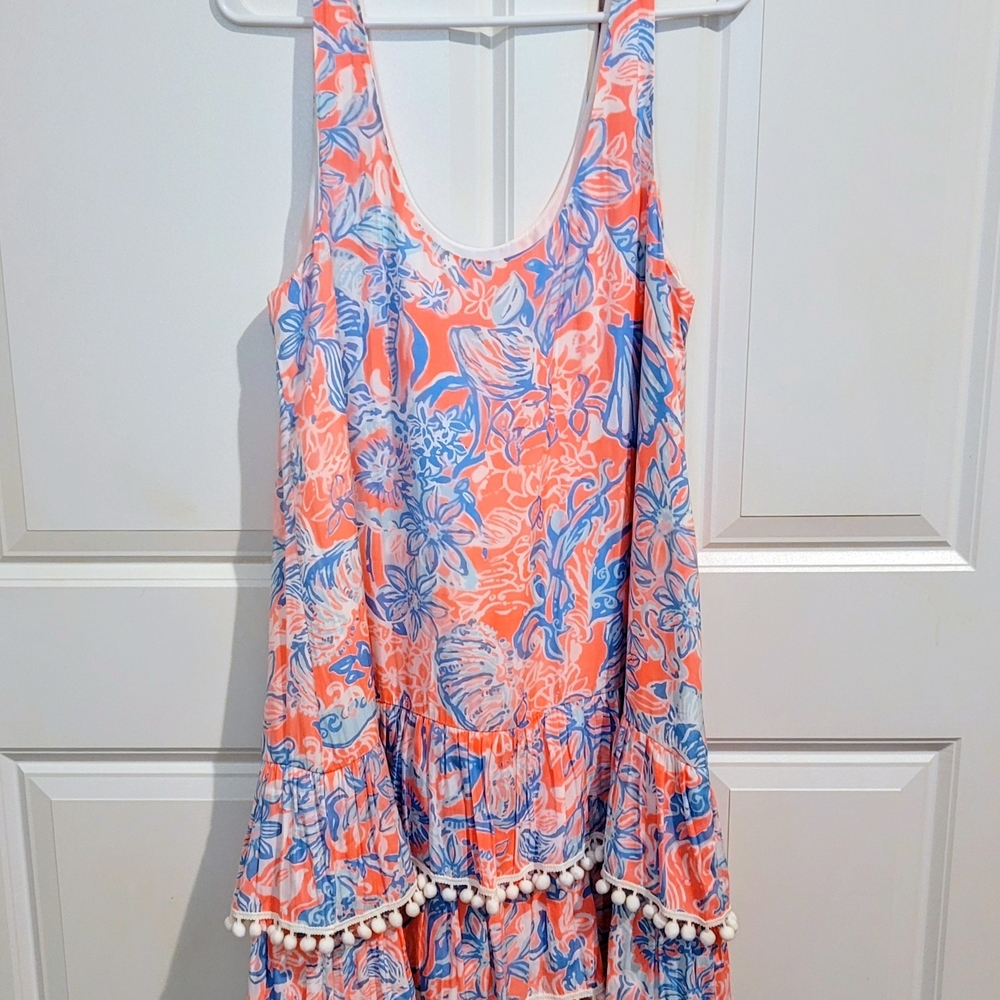 Lilly Pulitzer Coral and Blue Floral Tank Dress with Pom Trim
